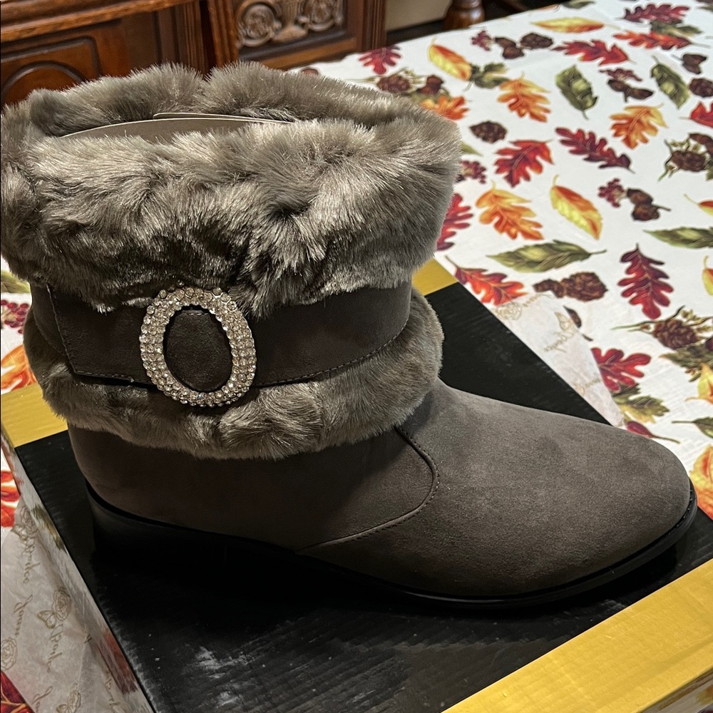 Joan Boyce Taupe Fur-Trimmed Boots with Rhinestone Buckle